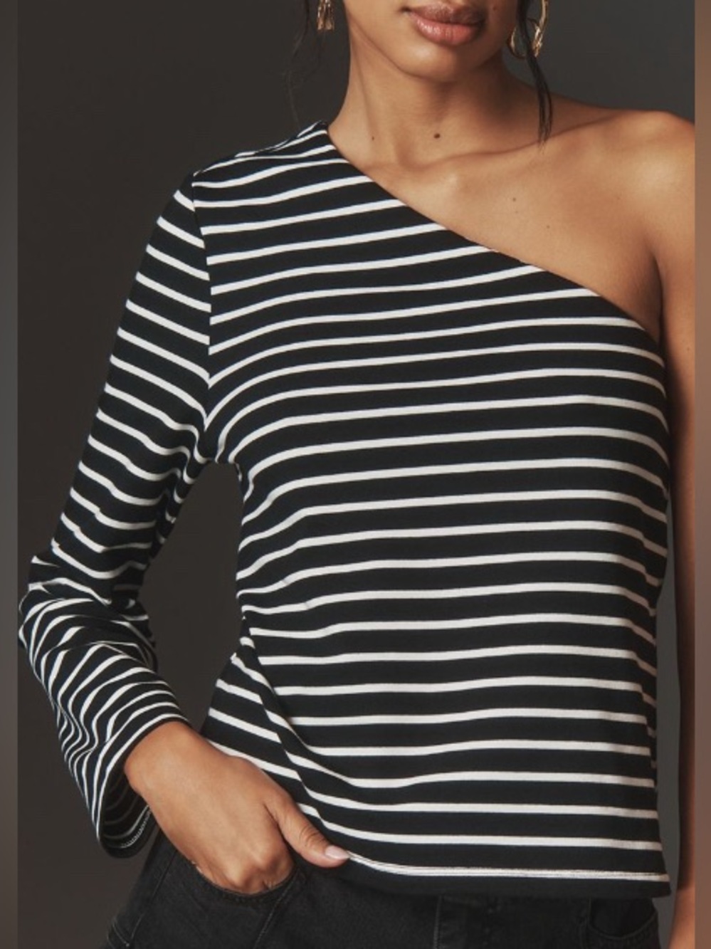 Grey Lab X Anthropologie Black/White One-Shoulder Striped Top: Medium